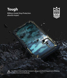 OnePlus Nord CE 5G Case | Fusion-X - Camouflage phone case on dark, rocky ground with military-grade drop protection icon.