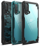 OnePlus Nord CE 5G Case | Fusion-X - Three rugged Fusion-X phone cases in camo, teal, and clear with black bumpers.