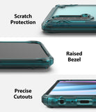 OnePlus Nord CE 5G Case | Fusion-X - Three views of a teal phone case highlighting scratch protection, raised bezels, and cutouts.
