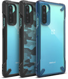 OnePlus Nord Case | Fusion-X - Three OnePlus Nord phones in black, camo, and blue Fusion-X protective cases.