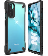 OnePlus Nord Case | Fusion-X - A light blue OnePlus Nord phone in a black protective case, shown from front and back.