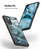 OnePlus Nord Case | Fusion-X - Two views of a black and blue camouflage phone case with precise cutouts for a OnePlus Nord.
