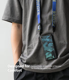 OnePlus Nord Case | Fusion-X - A person wearing a blue lanyard with a blue camouflage phone case hanging from their neck.