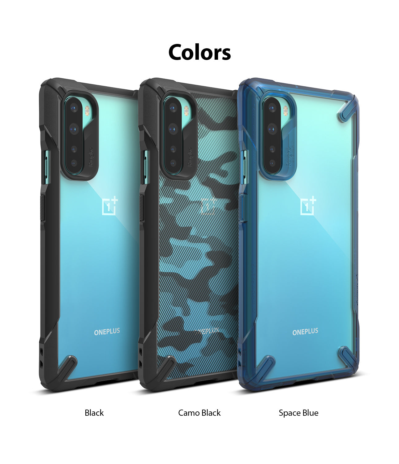 OnePlus Nord Case | Fusion-X - Three OnePlus Nord phones in Black, Camo Black, and Space Blue Fusion-X protective cases.