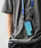 OnePlus Nord Case | Fusion-X - A phone in a blue protective case hanging from a blue branded neck lanyard.