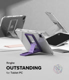 Outstanding | Tablet Stand - Three tablets in clear cases with purple and grey foldable stands displayed on a white surface.