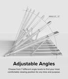 Outstanding | Tablet Stand - Transparent stand showing 7 adjustable viewing angles from 23 to 72 degrees.