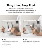 Outstanding | Tablet Stand - Hands demonstrating how to adjust and fold the tablet stand attached to the back of an iPad.