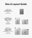 Outstanding | Tablet Stand - Size and layout guide showing recommended stand installation positions for various tablet sizes.