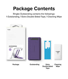 Outstanding | Tablet Stand - Package contents showing the product box, purple tablet stand, adhesive tape, and cleaning wipe.