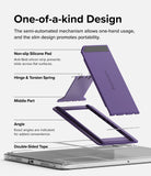 Outstanding | Tablet Stand - Exploded view of a purple tablet stand showing silicone pads, hinge, spring, and adhesive base.