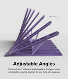 Outstanding | Tablet Stand - Purple tablet stand showing seven adjustable viewing angles ranging from 23 to 72 degrees.