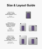 Outstanding | Tablet Stand - Size and layout guide showing purple tablet stand placement on various tablet sizes in portrait and landscape.