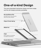 Outstanding | Tablet Stand - Outstanding - Exploded view of a tablet stand showing its silicone pad, hinge, torsion spring, and adhesive components.