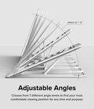 Outstanding | Tablet Stand - White tablet stand showing 7 adjustable viewing angles ranging from 23 to 72 degrees.