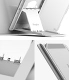 Outstanding | Tablet Stand - White Ringke tablet stand showing adjustable angle settings, spring hinge mechanism, and folded view.
