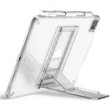 Outstanding | Tablet Stand - Clear tablet case with an integrated, adjustable silver metal kickstand on the back.
