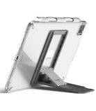 Outstanding | Tablet Stand - A clear tablet case with an adjustable grey kickstand attached to the back, showing multiple angle settings.