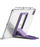 Outstanding | Tablet Stand - A purple adjustable kickstand attached to the back of a clear tablet case.