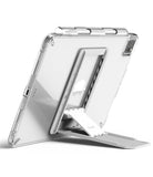 Outstanding | Tablet Stand - A clear tablet case with an adjustable white folding stand attached to the back.