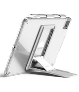 Outstanding | Tablet Stand - A clear tablet case with an adjustable white folding stand attached to the back.
