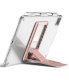 Outstanding | Tablet Stand - A clear tablet case with an attached adjustable pink folding stand on the back.