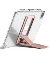 Outstanding | Tablet Stand - A clear tablet case with an attached adjustable pink folding stand on the back.