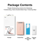 Outstanding | Tablet Stand - Package contents showing the tablet stand, extra double-sided tape, and a cleaning wipe.
