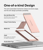 Outstanding | Tablet Stand - Exploded view of a pink tablet stand showing silicone pads, hinge, spring, and adhesive tape.