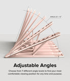 Outstanding | Tablet Stand - A pink tablet stand showing seven adjustable viewing angles ranging from 23 to 72 degrees.