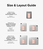 Outstanding | Tablet Stand - Size and layout guide showing recommended tablet stand placement for various tablet sizes in portrait or landscape.