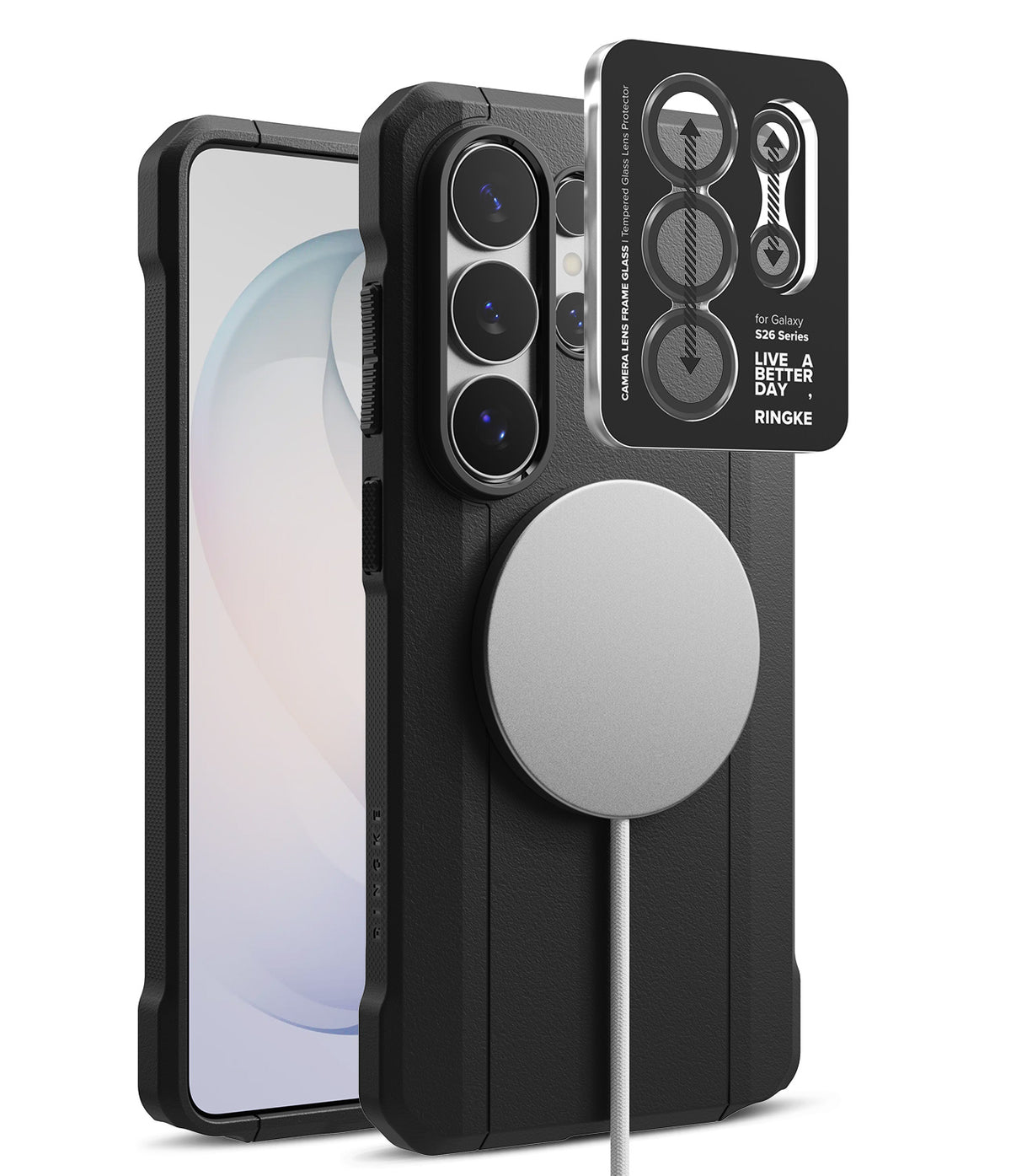 [Bundle] Galaxy S26 Ultra | Onyx α Magnetic - Black phone case with magnetic charger and camera lens protector.
