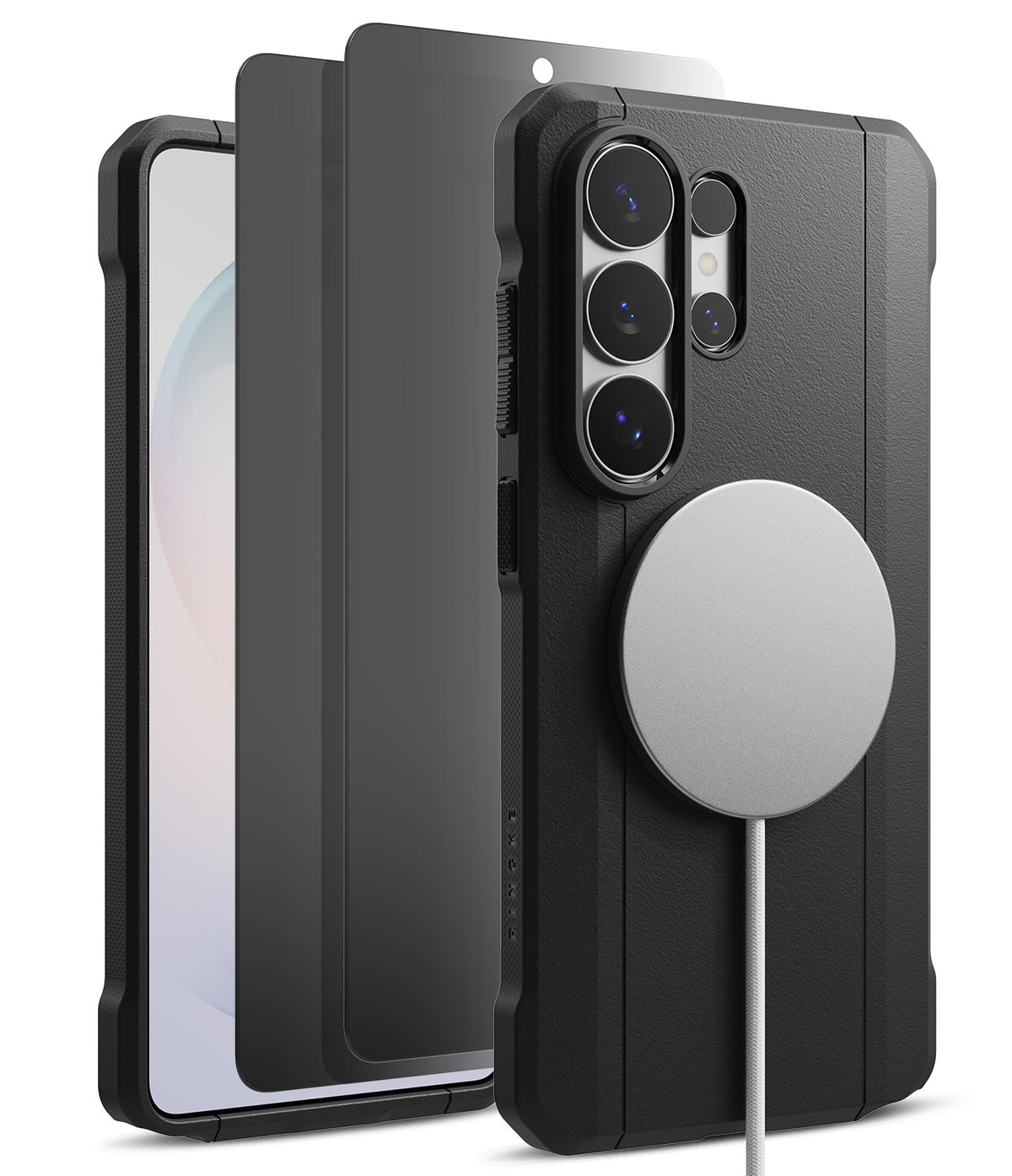 [Bundle] Galaxy S26 Ultra | Onyx α Magnetic - Black phone case with magnetic charger attached and screen protector.
