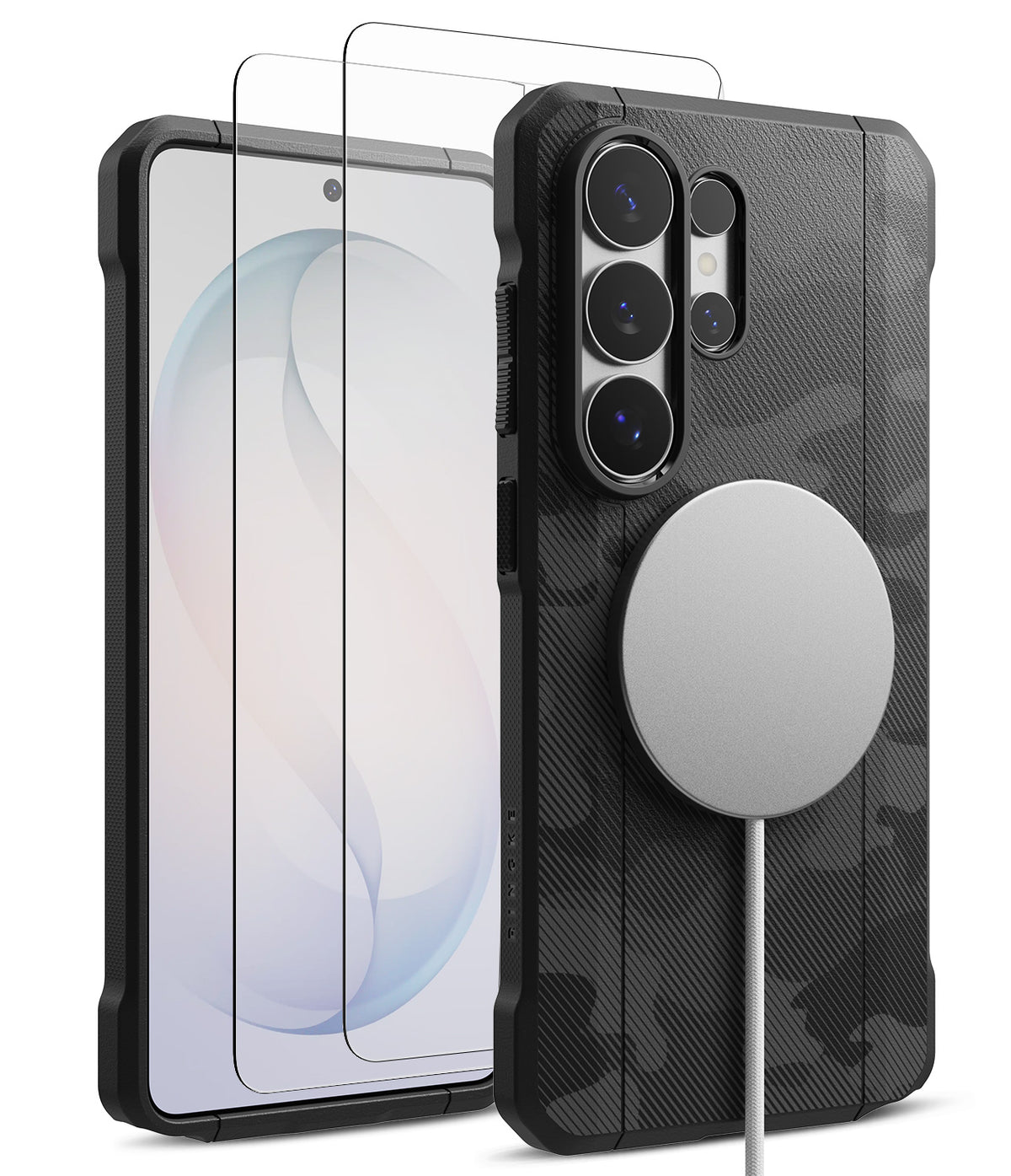 [Bundle] Galaxy S26 Ultra | Onyx α Magnetic - Galaxy S26 Ultra | Onyx α Magnetic - Black camo phone case with magnetic charger attached and screen protector overlay.