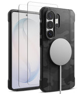 [Bundle] Galaxy S26 Ultra | Onyx α Magnetic - Galaxy S26 Ultra | Onyx α Magnetic - Black camo phone case with magnetic charger attached and screen protector overlay.