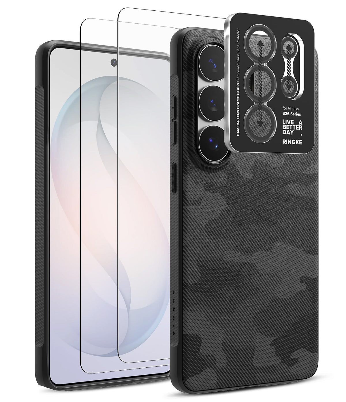 [Bundle] Galaxy S26 Ultra | Onyx - Galaxy S26 Ultra | Onyx - Black camo phone case with a camera lens protector and two screen protectors.