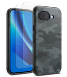 [Bundle] Google Pixel 10a Case | Onyx - Google Pixel 10a Case | Onyx - A black camouflage phone case with a screen protector on a smartphone with a blue screen.