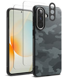 [Bundle] Galaxy A57 | Onyx - Galaxy A57 in a black camo case with a screen protector and camera lens cover.