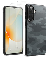 [Bundle] Galaxy A57 | Onyx - Galaxy A57 phone with a black camo case and two glass screen protectors floating in front.