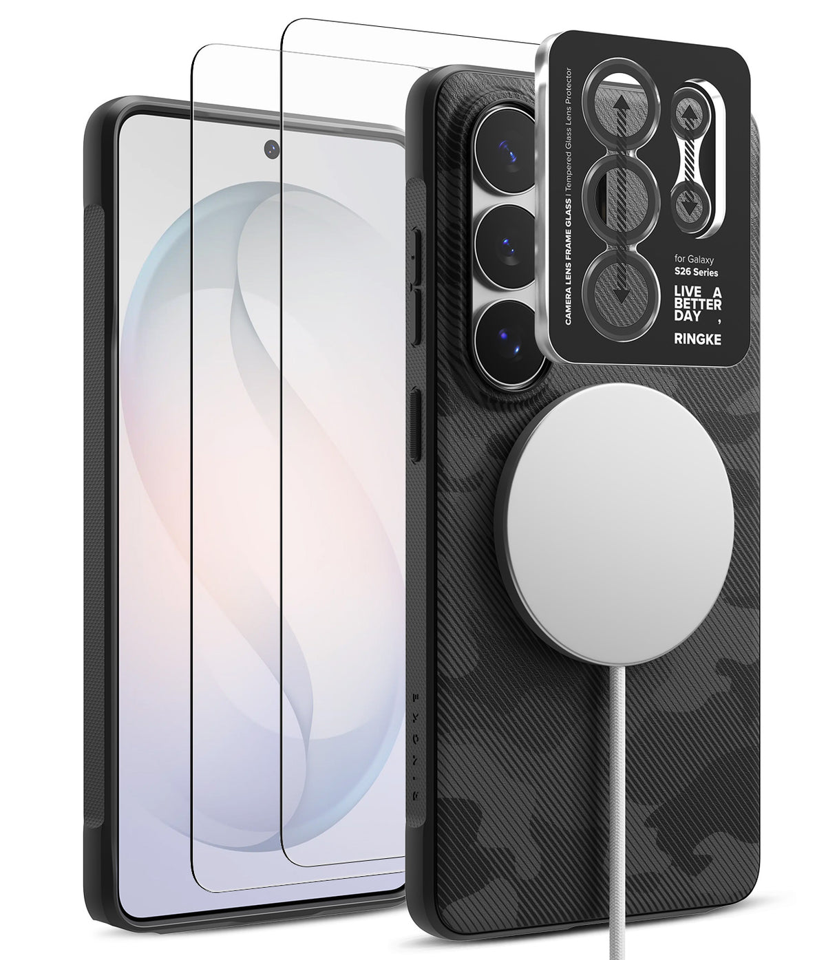 [Bundle] Galaxy S26 Ultra | Onyx Magnetic - Galaxy S26 Ultra | Onyx Magnetic - Black camo phone case with magnetic charger, screen protector, and camera lens cover.
