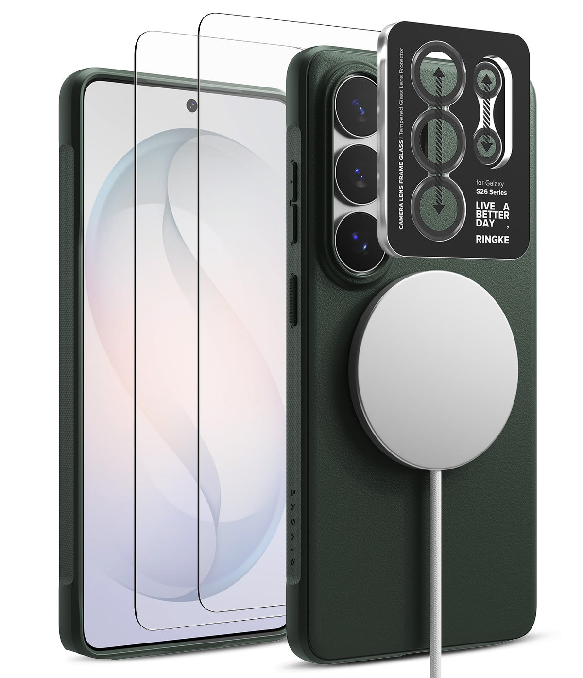 [Bundle] Galaxy S26 Ultra | Onyx Magnetic - Green phone case with magnetic charger, screen protector, and lens cover.
