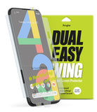 Google Pixel 4a Screen Protector | Dual Easy Film - Google Pixel 4a Screen Protector - A clear screen protector film being applied to a Pixel 4a next to its lime green packaging.