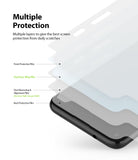 Google Pixel 4a Screen Protector | Dual Easy Film - Google Pixel 4a Screen Protector - Exploded view showing four layers of protective film stacked above a smartphone screen.