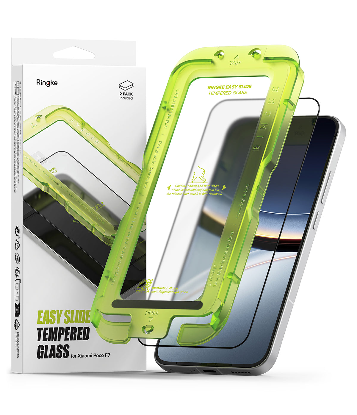 Poco F7 Screen Protector | Easy Slide Tempered Glass - Poco F7 Screen Protector - Ringke Easy Slide tempered glass kit with a neon green installation tray and retail packaging.