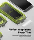 Poco F7 Screen Protector | Easy Slide Tempered Glass - Poco F7 Screen Protector - A green installation tray for a Poco F7 screen protector with a pull-tab liner being removed.