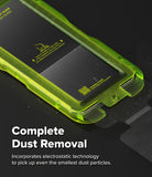 Poco F7 Screen Protector | Easy Slide Tempered Glass - Poco F7 Screen Protector - Neon green installation tray for Poco F7 screen protector with dust removal instructions.