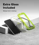 Poco F7 Screen Protector | Easy Slide Tempered Glass - Poco F7 Screen Protector - Smartphone with two tempered glass screen protectors and a green installation alignment frame.
