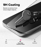Poco F7 Screen Protector | Easy Slide Tempered Glass - Poco F7 Screen Protector - A metal key resting on a phone screen with 9H coating text and a hardness scale graphic.