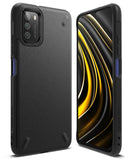 Poco M3 Case | Onyx - Black textured protective phone case shown from back and front angles with a yellow abstract screen.