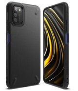 Poco M3 Case | Onyx - Black textured protective phone case shown from back and front angles with a yellow abstract screen.